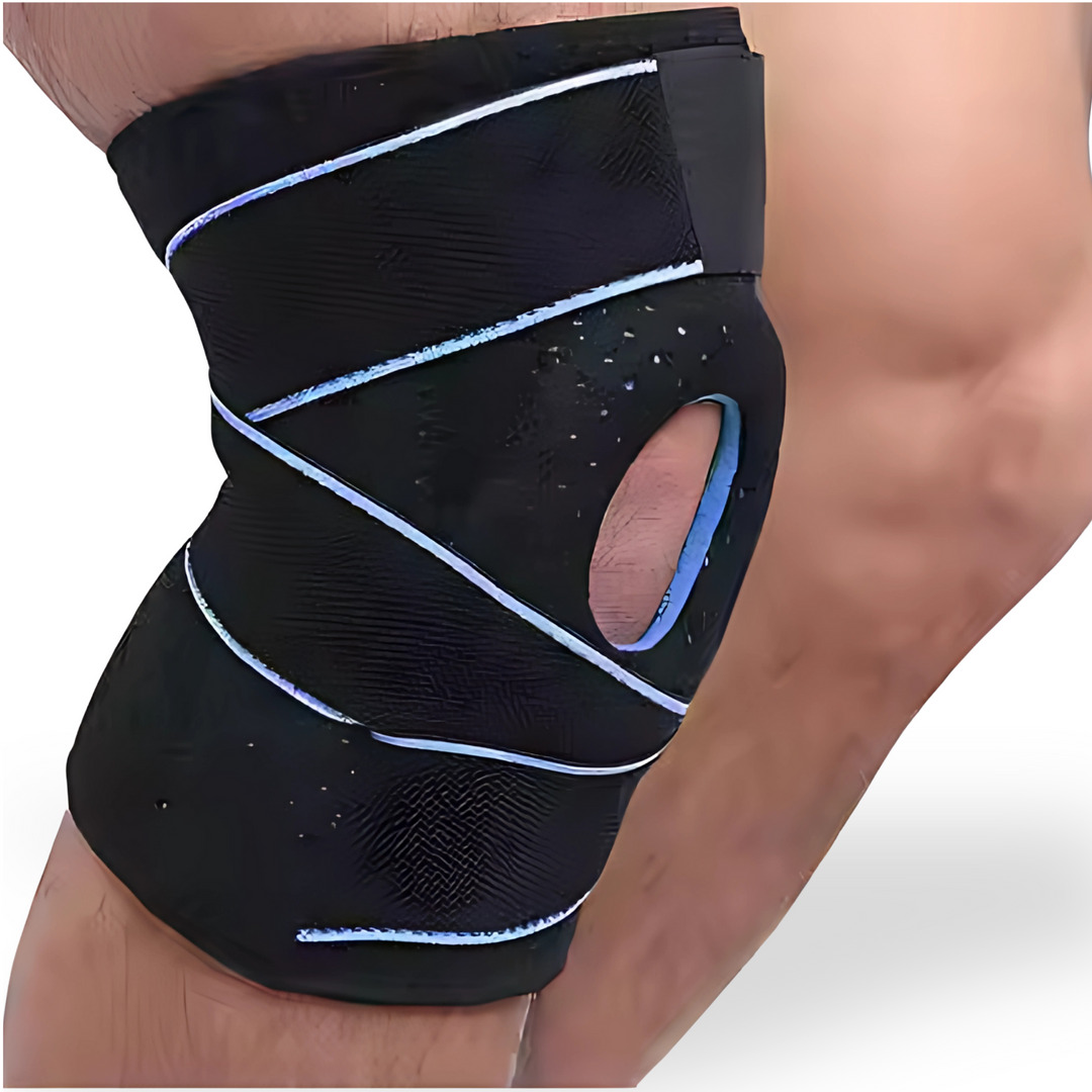 Close-up view of the black patella stabilising knee brace fitted on a leg