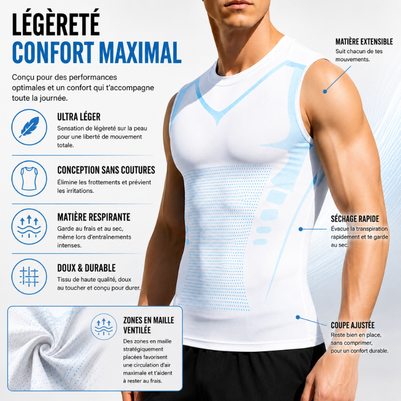 White unisex compression tank top worn by a model showing breathable mesh zones
