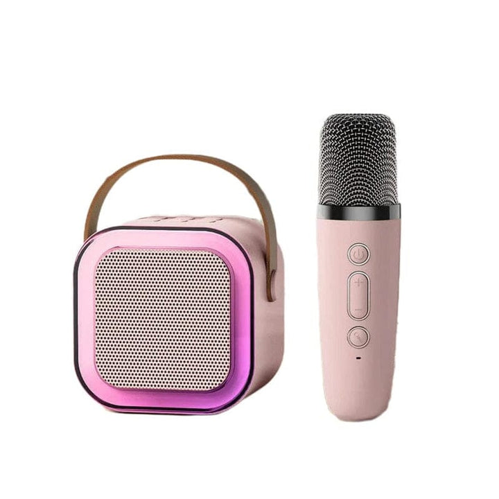 Kids karaoke machine bluetooth speaker in use with dual wireless microphones