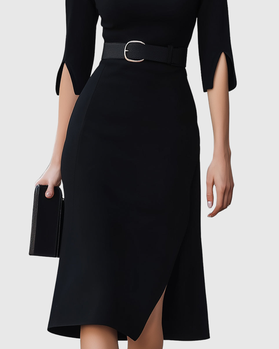 Back view of a black high neck midi dress with belted waist and split sleeves for formal wear.