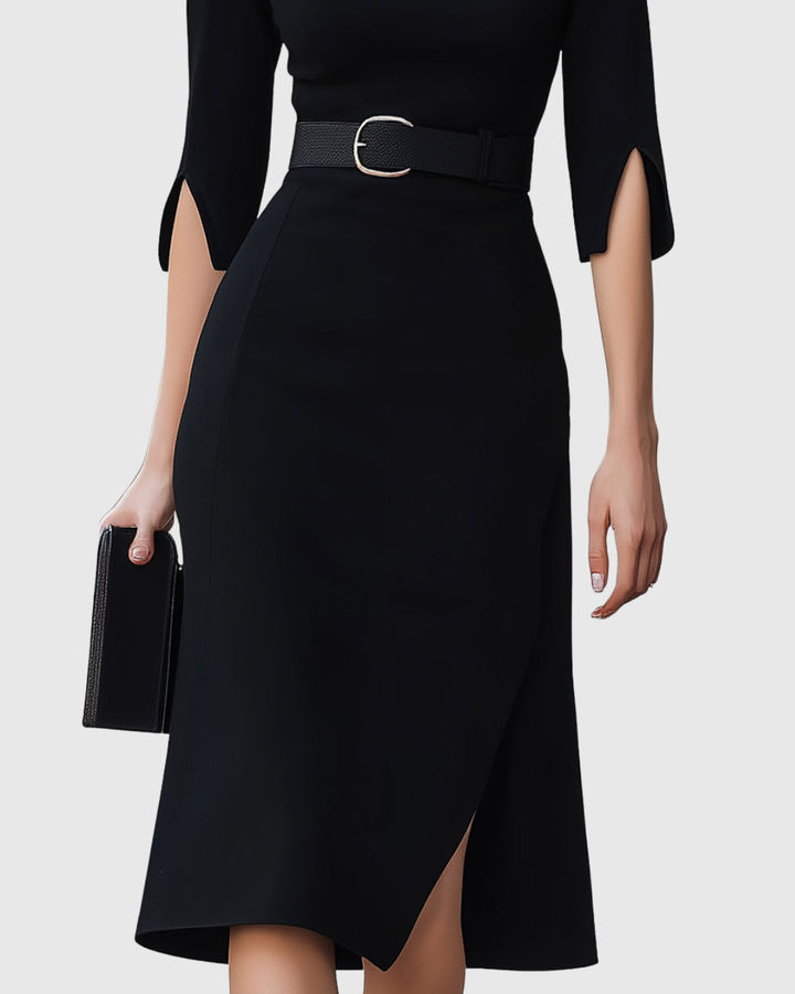 Back view of a black high neck midi dress with belted waist and split sleeves for formal wear.