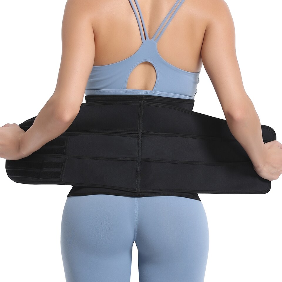 Back view of black waist trainer belt showing spine support structure