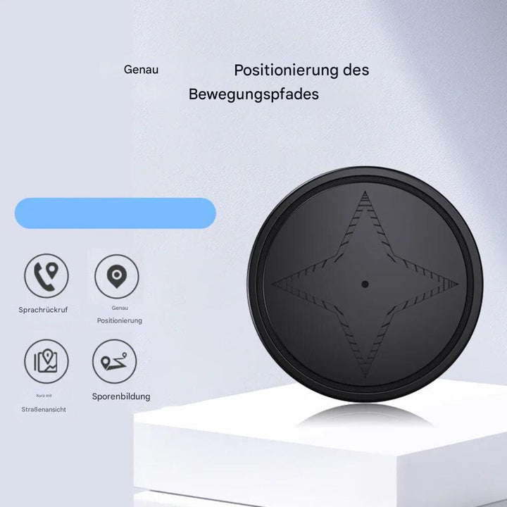 Mini smart tracker device shown next to keys and a wallet for everyday valuables safety.