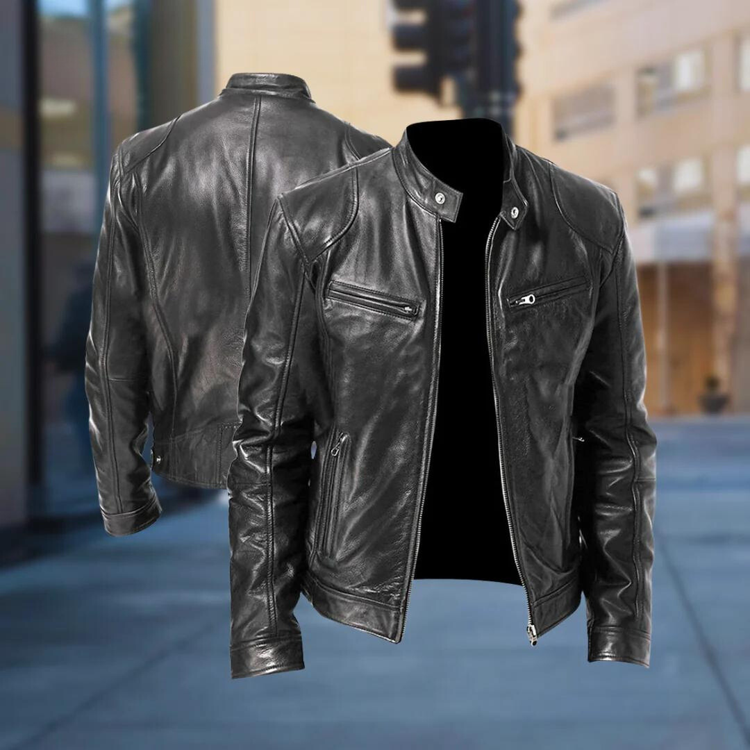 Stylish black leather jacket for men, perfect for casual outerwear and modern fashion.