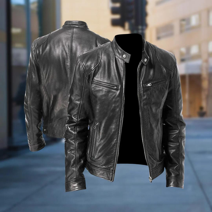Stylish black leather jacket for men, perfect for casual outerwear and modern fashion.
