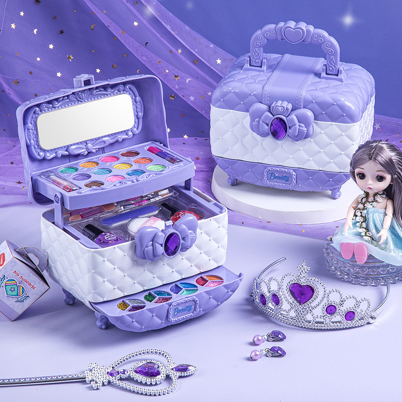 Open purple vanity makeup case displaying colorful eyeshadow palettes and accessories
