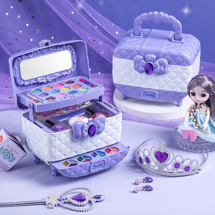 Open purple vanity makeup case displaying colorful eyeshadow palettes and accessories