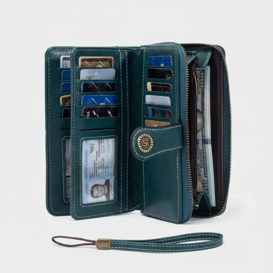 Blue leather-style long zip wallet clutch with spacious card slots for everyday use