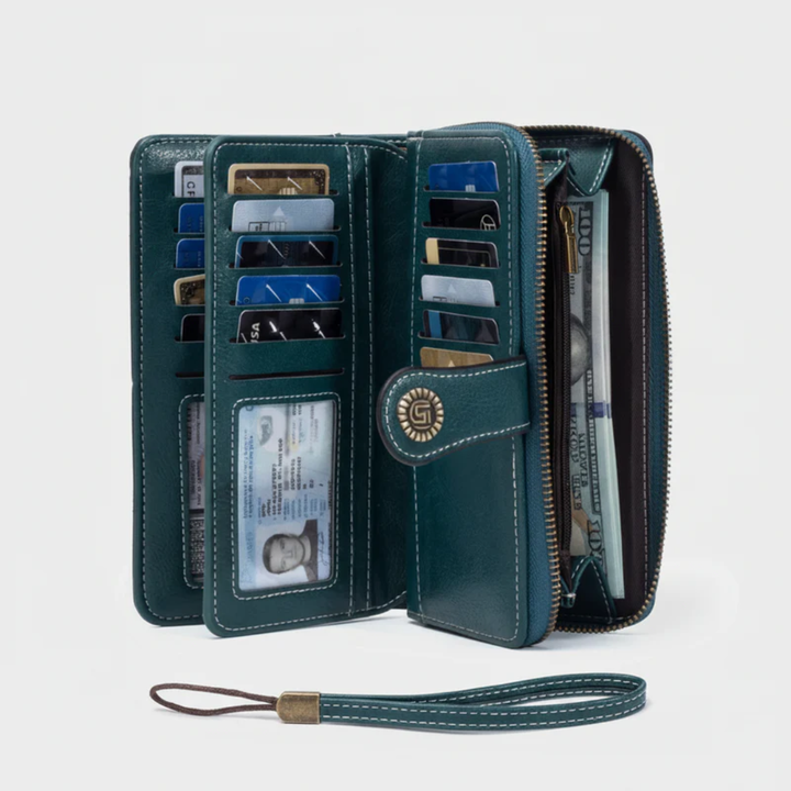 Blue leather-style long zip wallet clutch with spacious card slots for everyday use