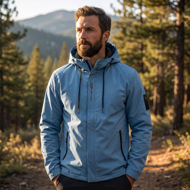 Styling of mens utility jacket worn outdoors