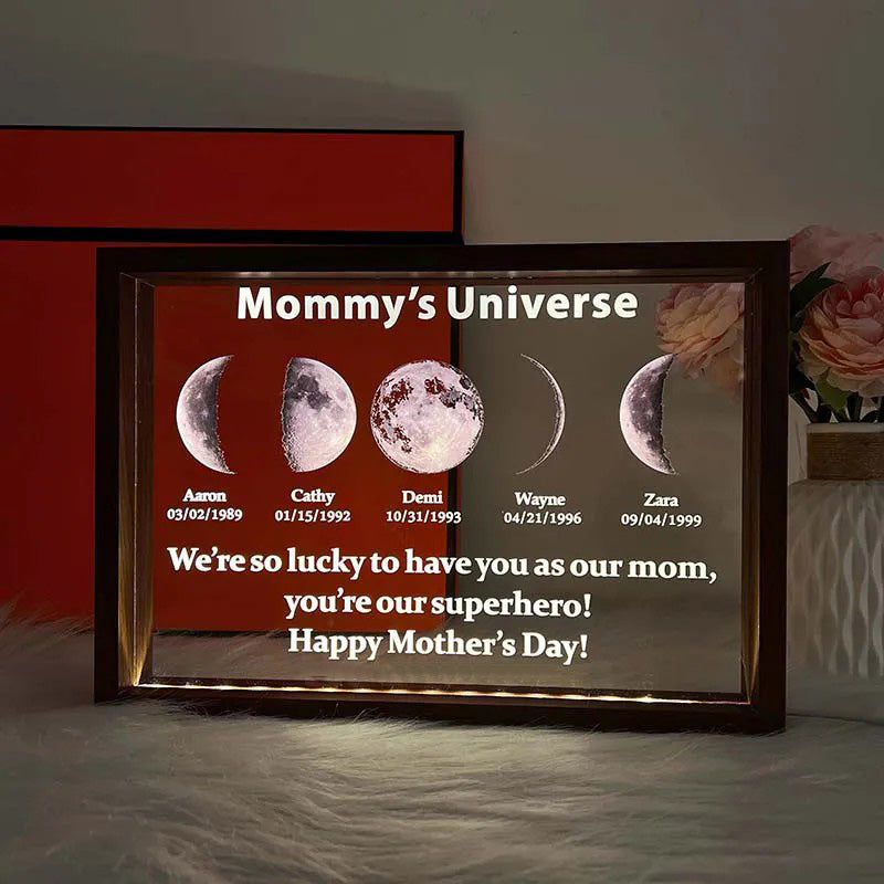 Detailed view of personalized mother's day moon art in a dark frame