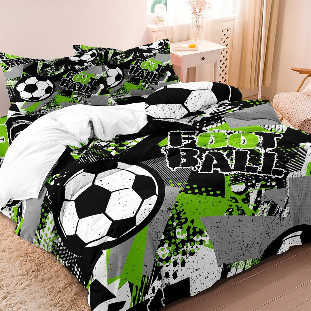 Close-up view of the sports-themed duvet cover and matching pillowcases