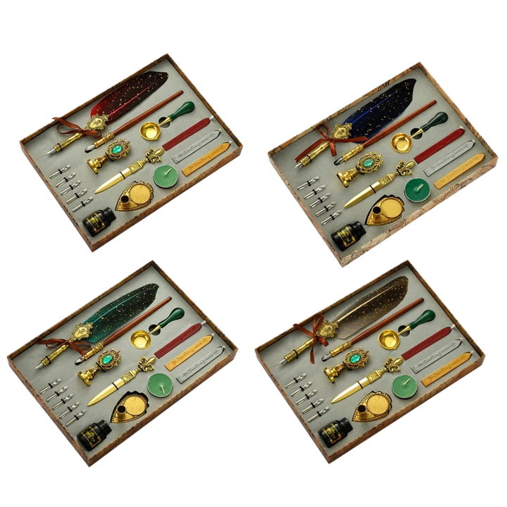 Elegant feather dip pen and ink set displayed for gifting