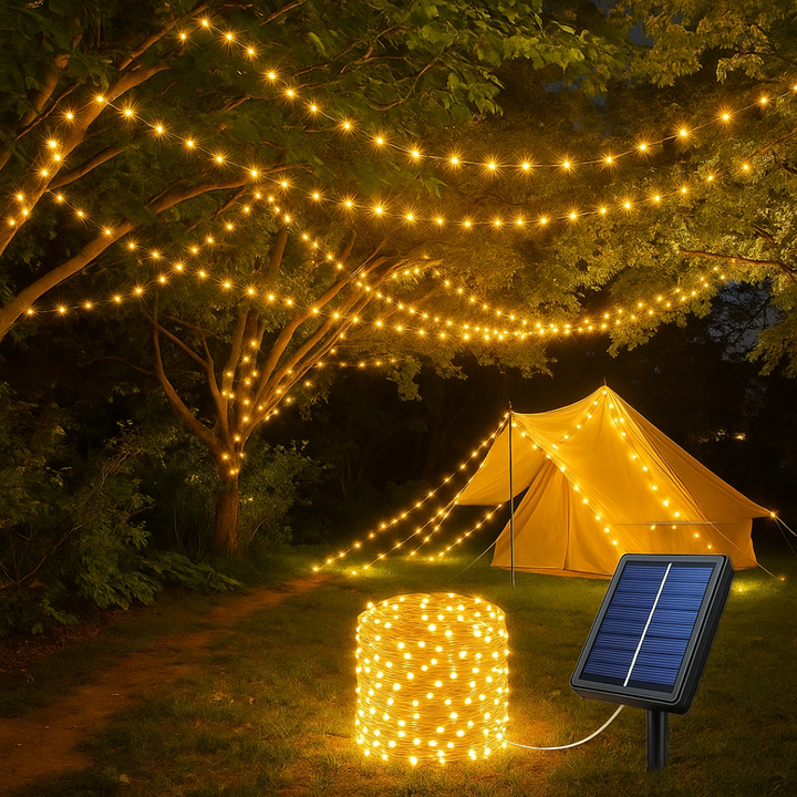 Warm white LED string lights draped across tree branches next to a glowing tent