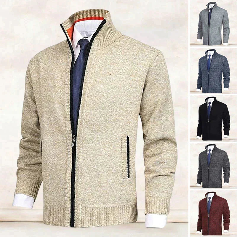 Beige men's zip cardigan with stand-up collar displayed on mannequin with small color swatches on the side