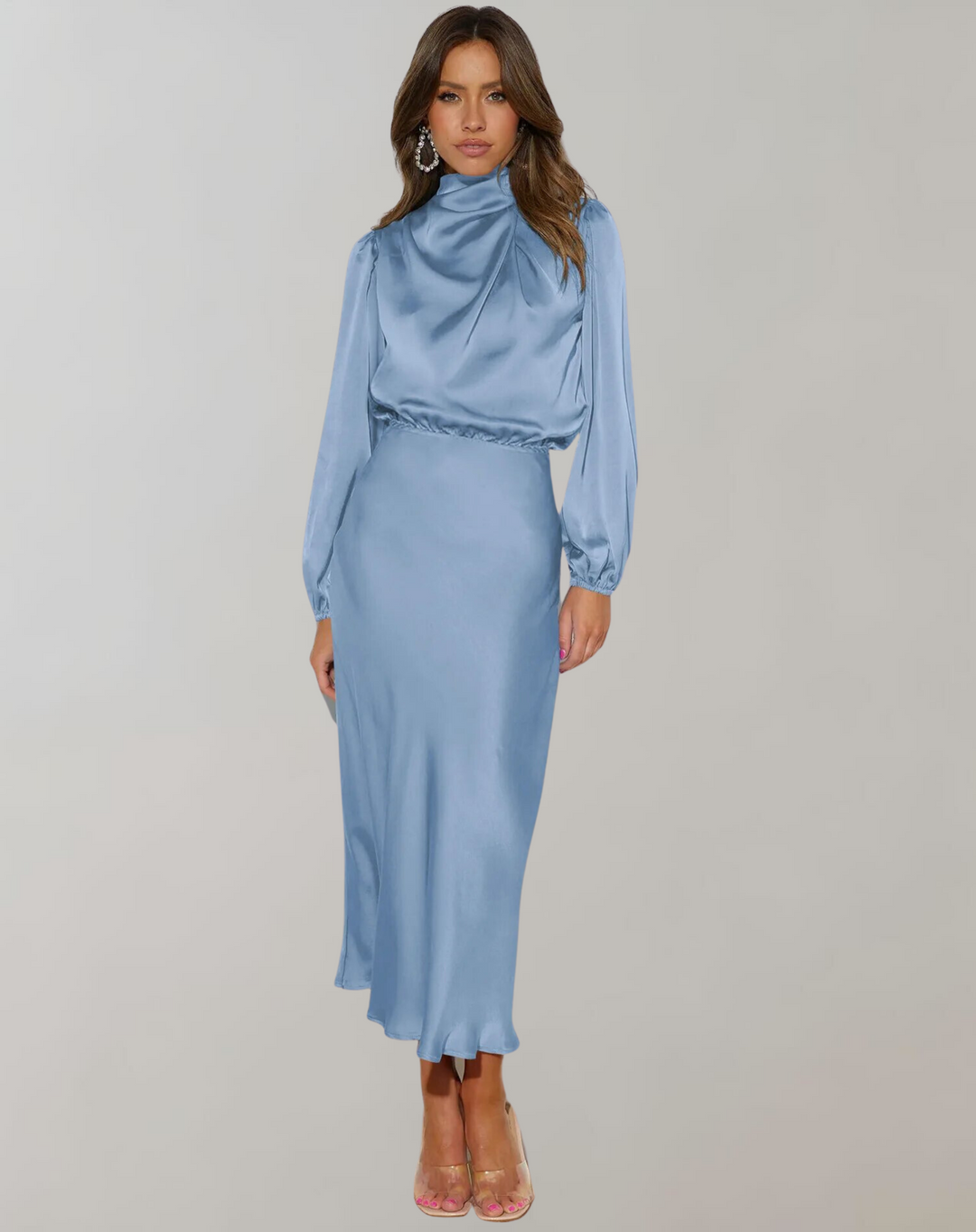 Long sleeve satin midi dress back view showing zipper and elegant drape