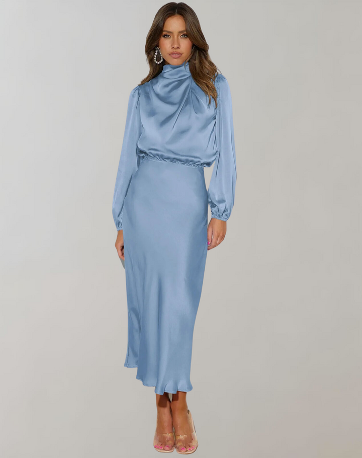 Long sleeve satin midi dress back view showing zipper and elegant drape