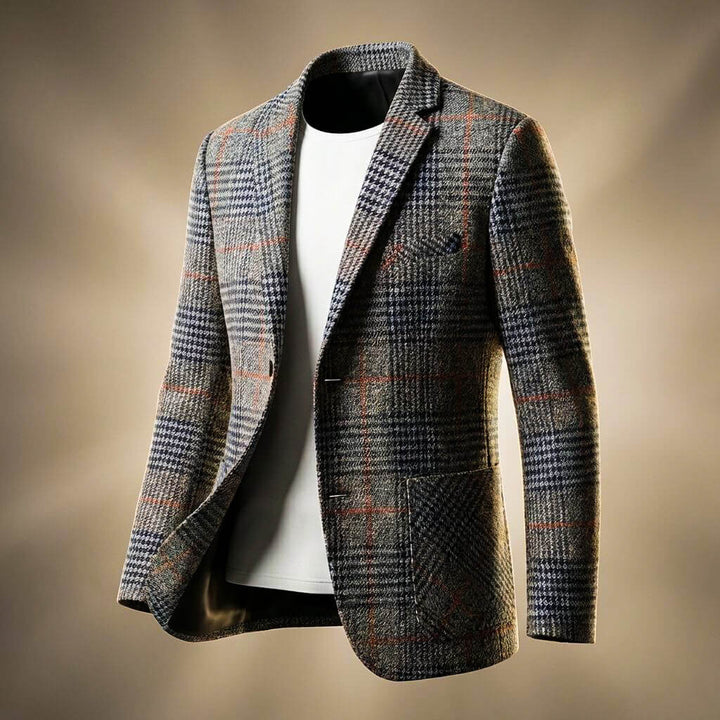 Men's grey checked blazer displayed on a mannequin