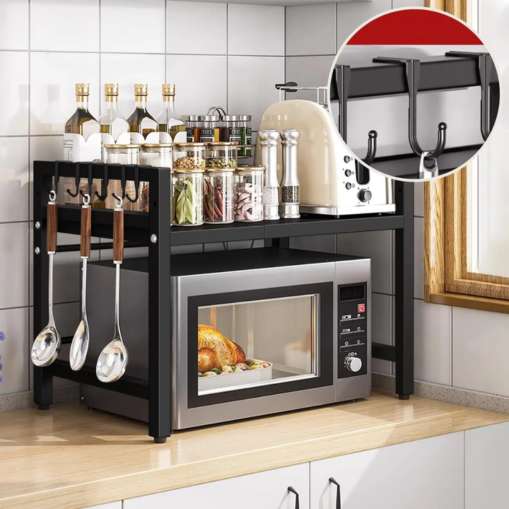 Space saving kitchen shelf and microwave rack shown with organized storage items
