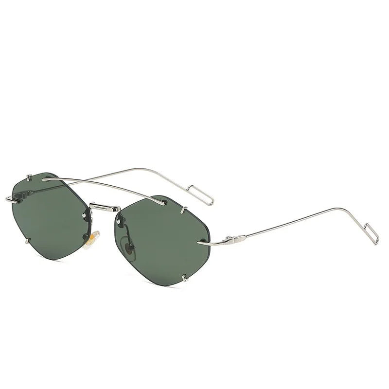 Women's rimless diamond sunglasses featuring green lenses and silver frame