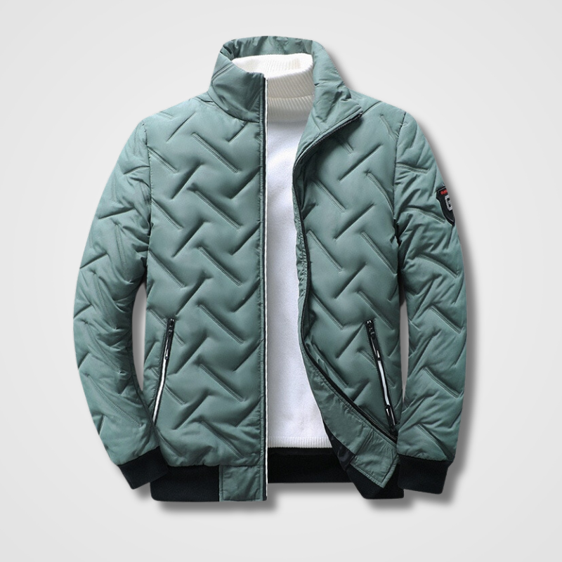 Men's green winter bomber jacket displayed against a clean background