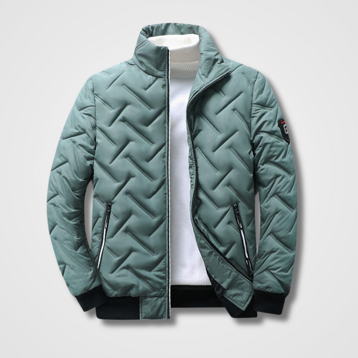 Men's green winter bomber jacket displayed against a clean background