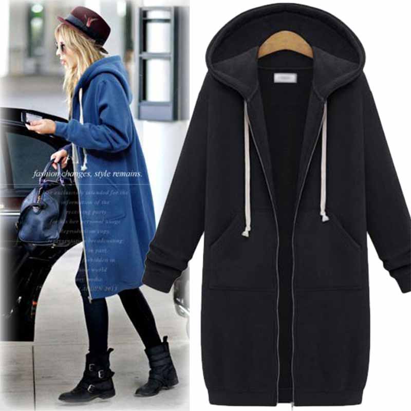 Black long hooded zip cardigan displayed alongside a woman in a blue cardigan