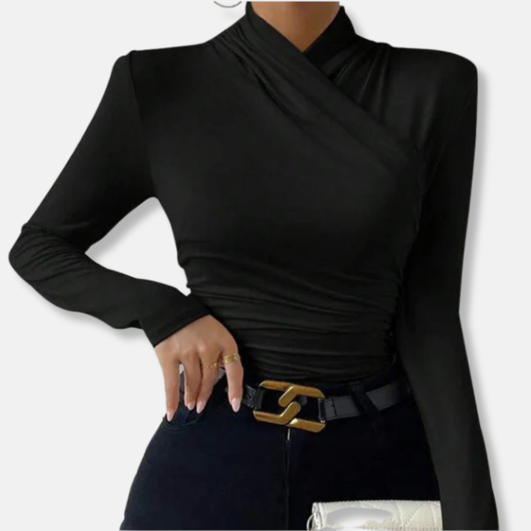 Woman wearing the black asymmetric ruched high-neck long sleeve top