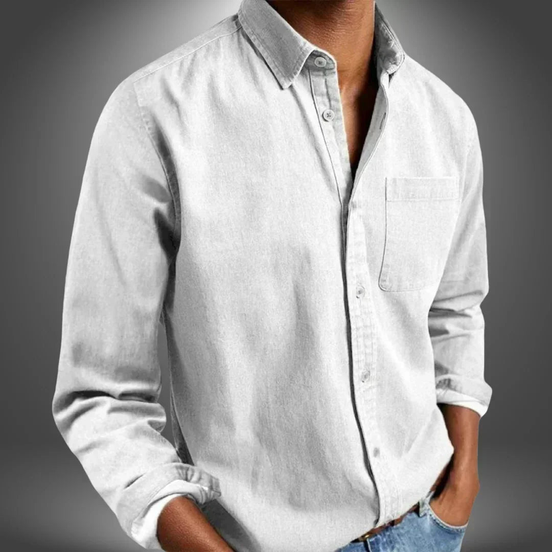Collar and button detail of a stylish long sleeve casual shirt