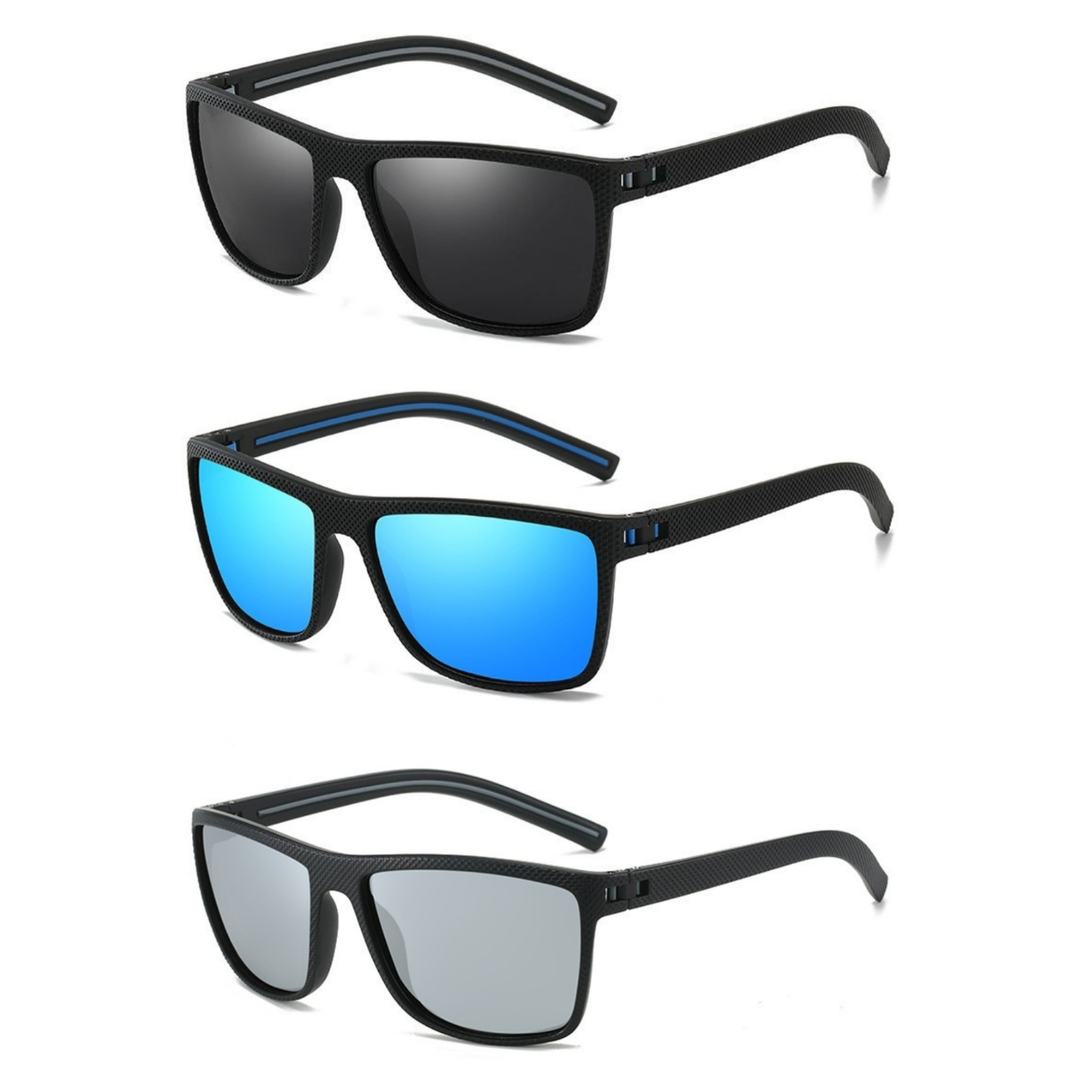 Assortment of men's sports sunglasses featuring black frames and tinted lenses