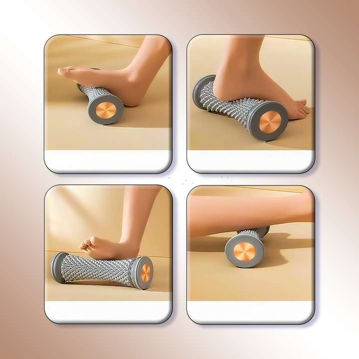 Four-panel grid demonstrating different foot and leg rolling positions using the grey massage roller