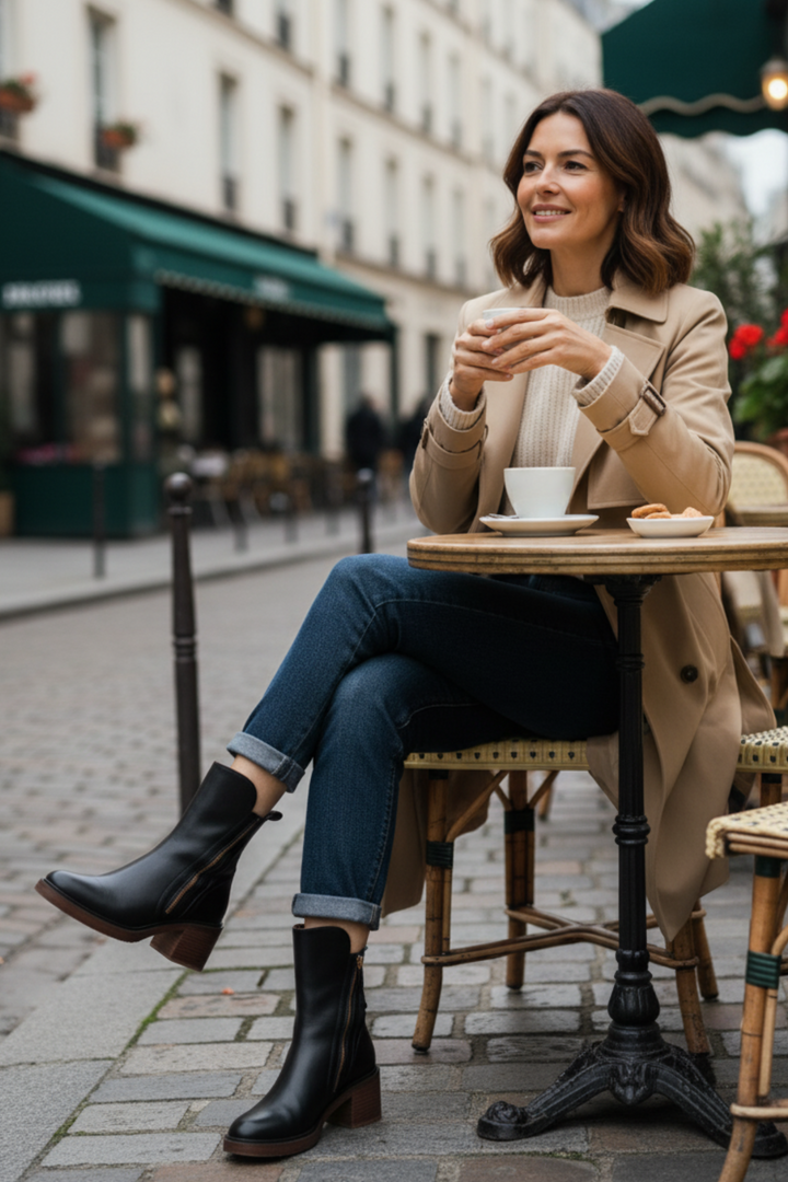Front view of casual black boots with a thick supportive block heel