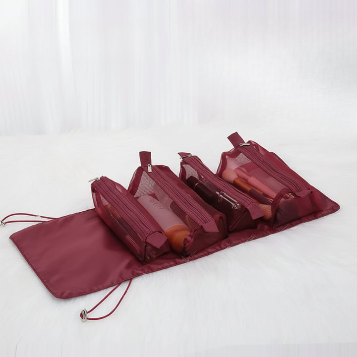 Close-up view of durable zippers and waterproof fabric on the beauty storage pouch