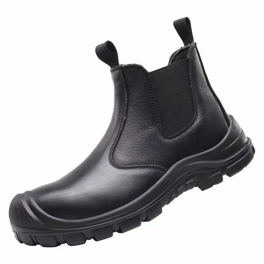 Side profile of a black orthopaedic work boot with durable sole