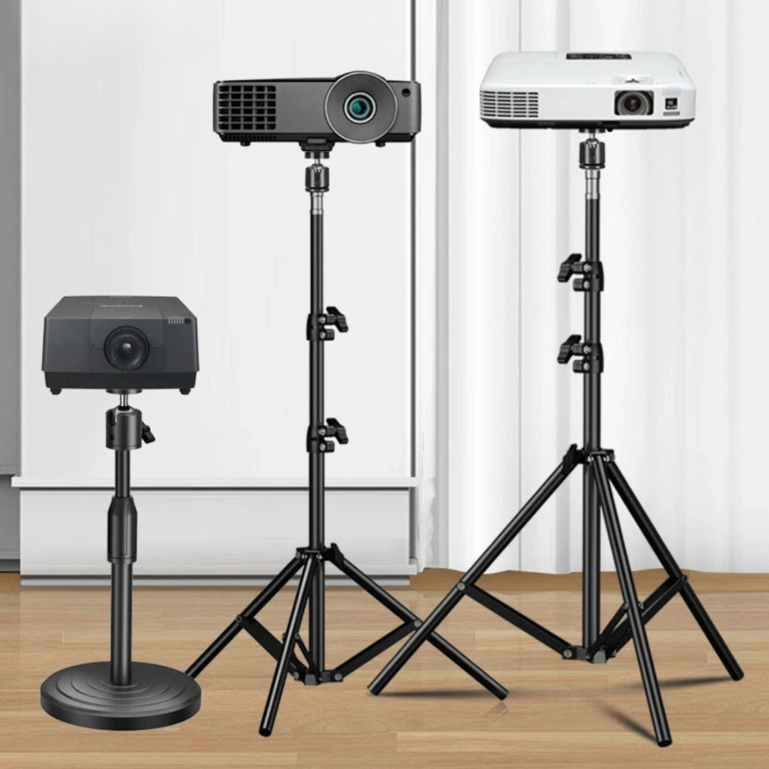 Compact folded projector and camera tripod packed in carrying bag