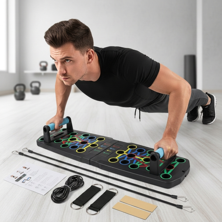 A man performing push-ups using the foldable push-up board system with resistance bands.