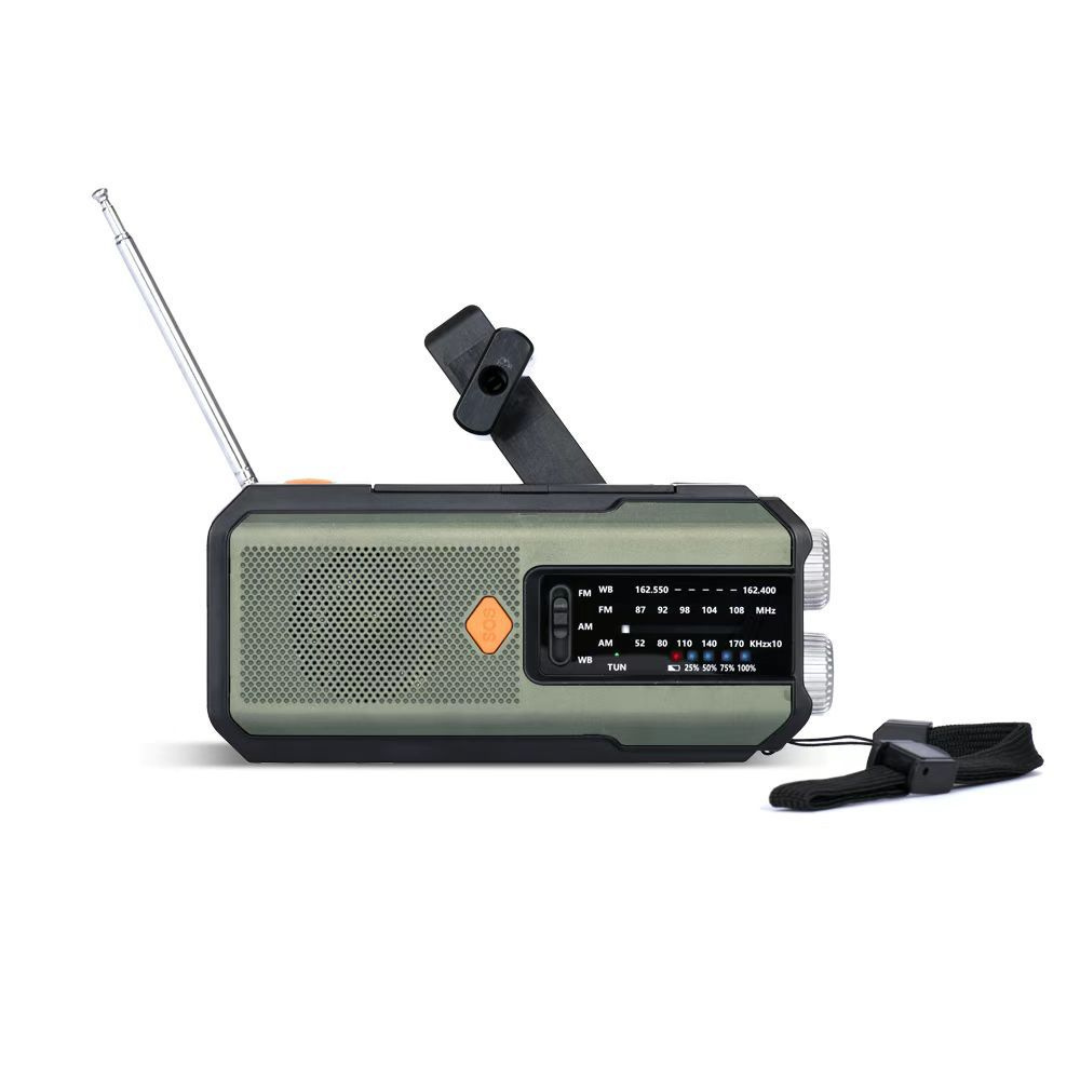 Green variant of the portable emergency radio showing its fold-out hand crank mechanism and antenna.