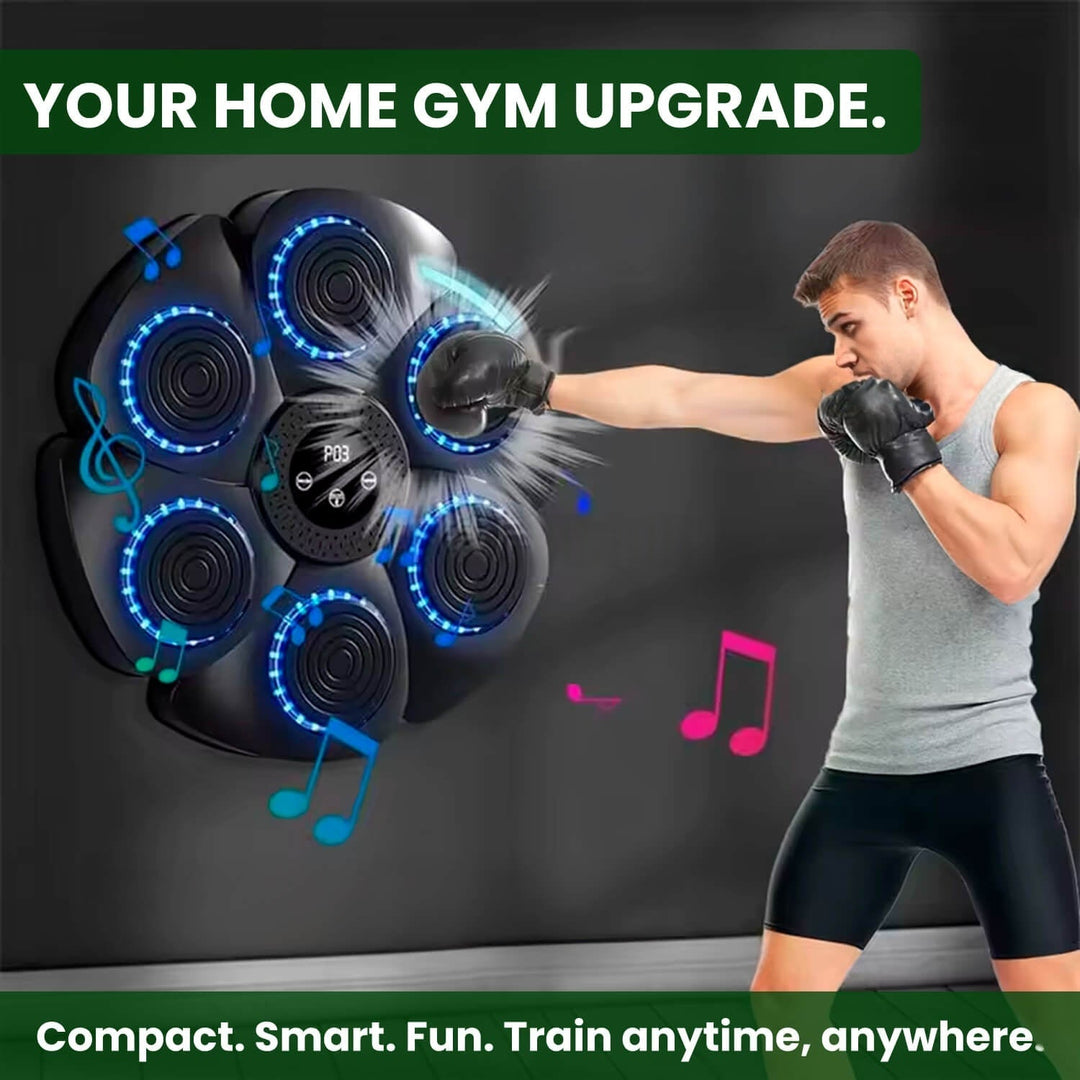 Man training with a musical boxing pad wearing black boxing gloves