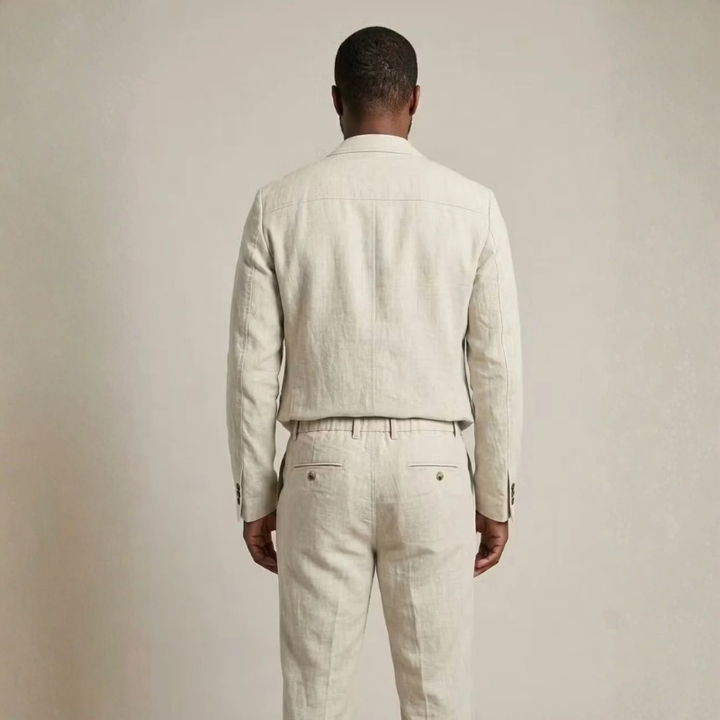 Full view of men's two-piece coordinated blazer and wide-leg pants