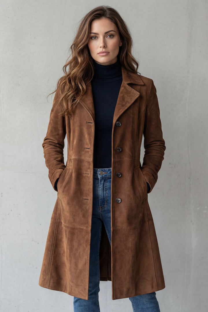 Model wearing a brown long coat with classic collar and front buttons