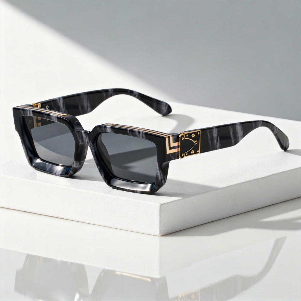 Marble pattern square sunglasses with gold accents against a neutral background