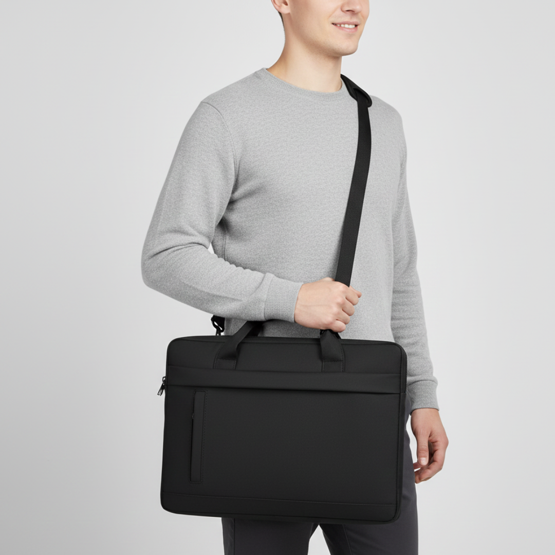 Man wearing a black laptop carry bag over his shoulder in a minimalist setting