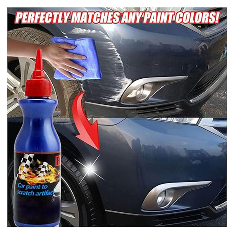 Blue bottle of car scratch remover shown next to a treated car bumper