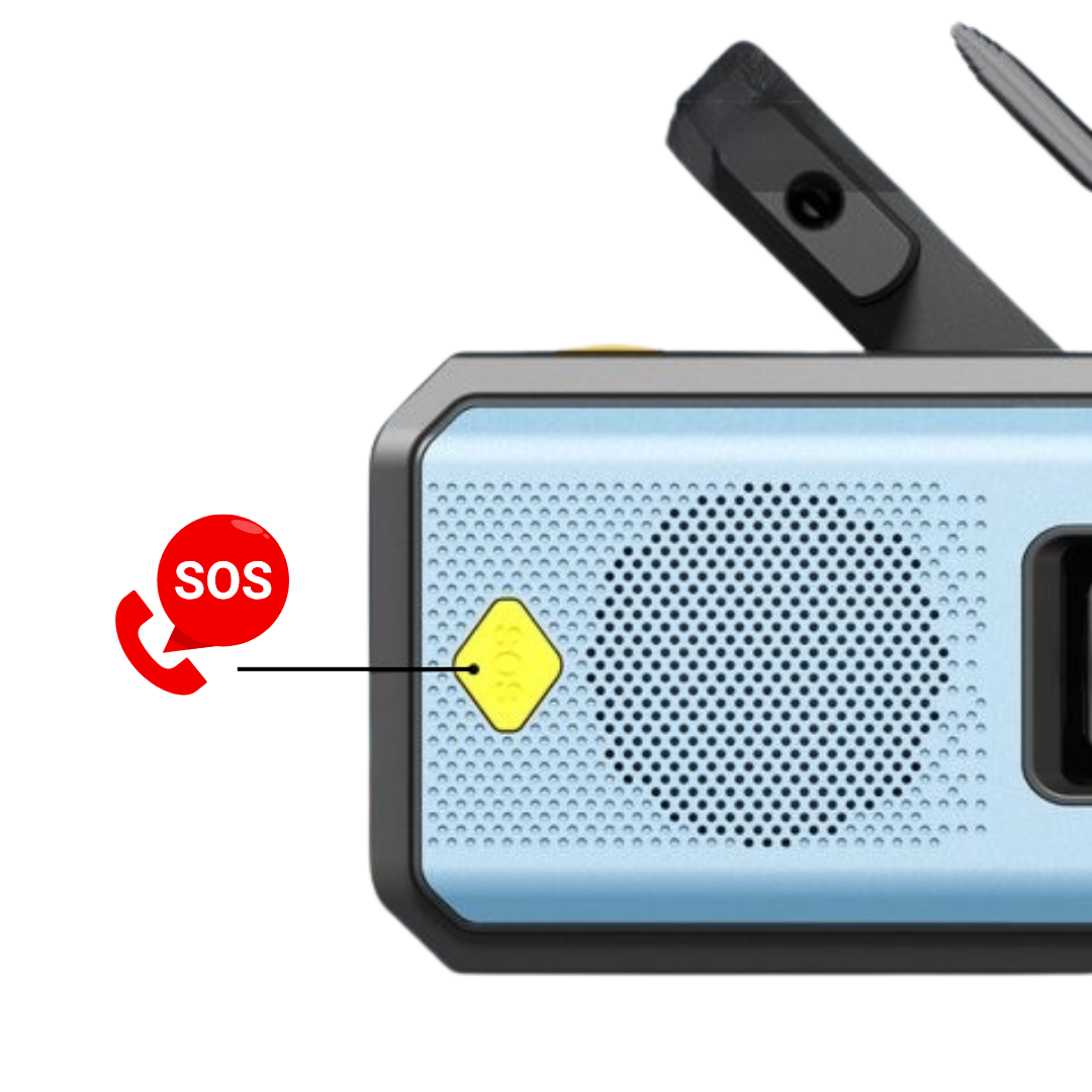 Rechargeable emergency weather radio with antenna extended for signal reception