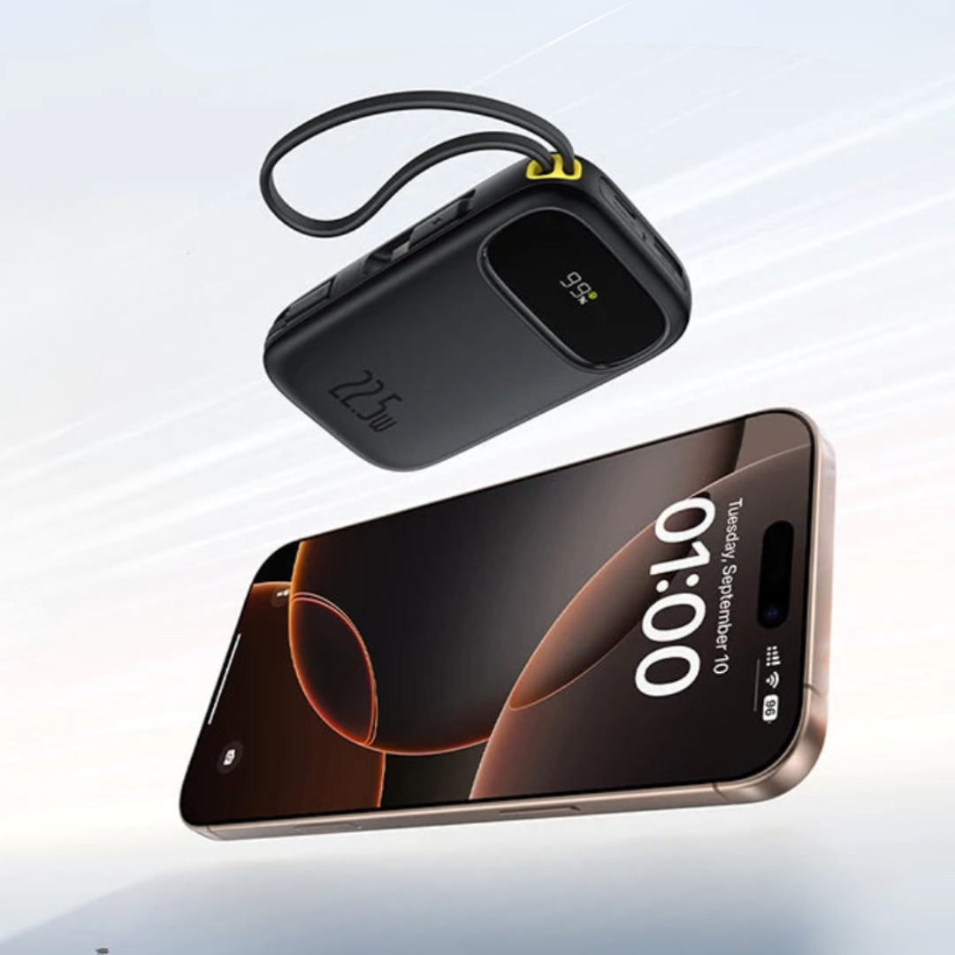 Tech gadget bundle showing the portable charger alongside multiple charging cables