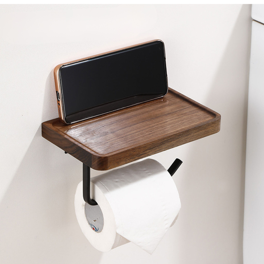 Close-up of the wall-mounted wooden shelf toilet paper holder