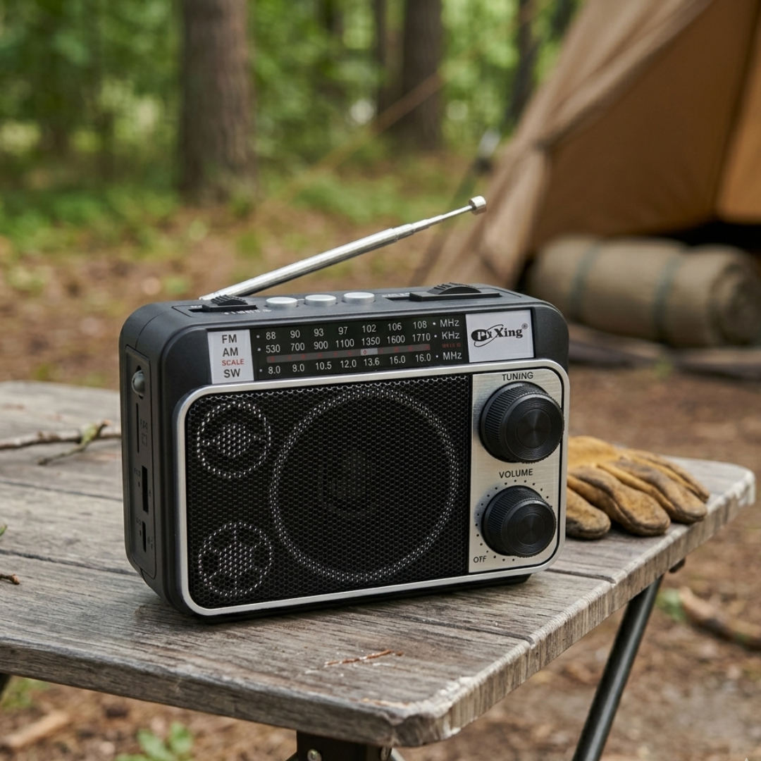 Portable AM FM radio resting on a wooden table outdoors in a campsite setting