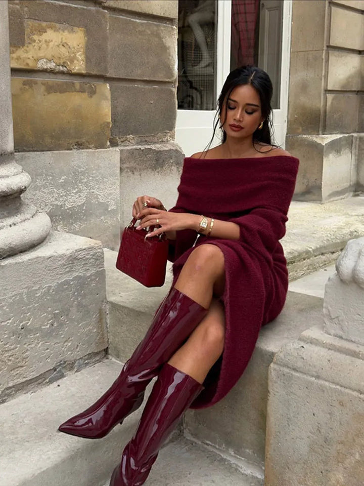 Back view of red off shoulder knitted maxi dress, long sleeve winter party gown