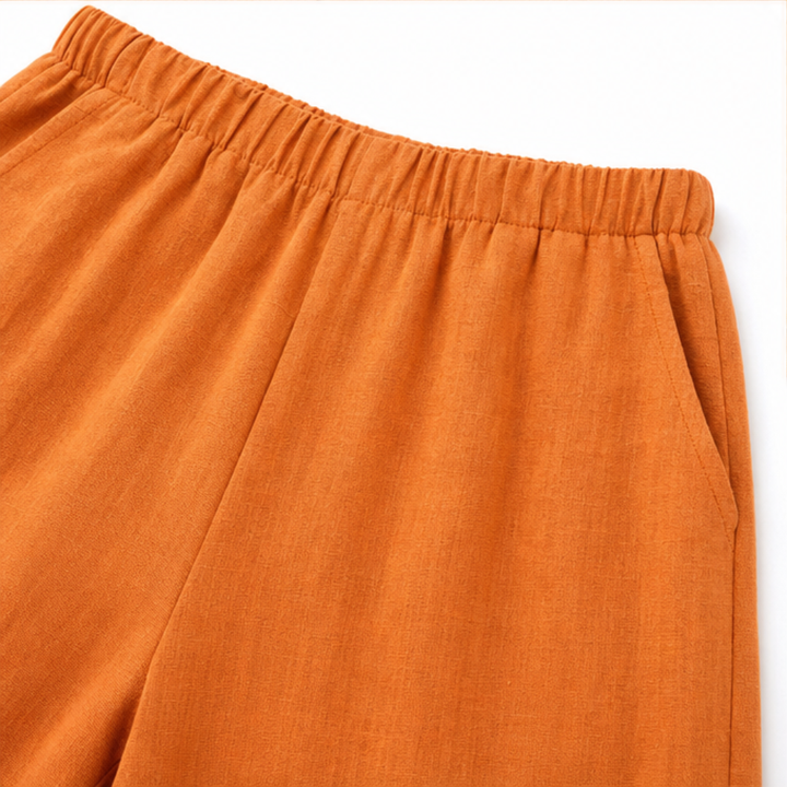 Full length view of effortless style linen matching set for women
