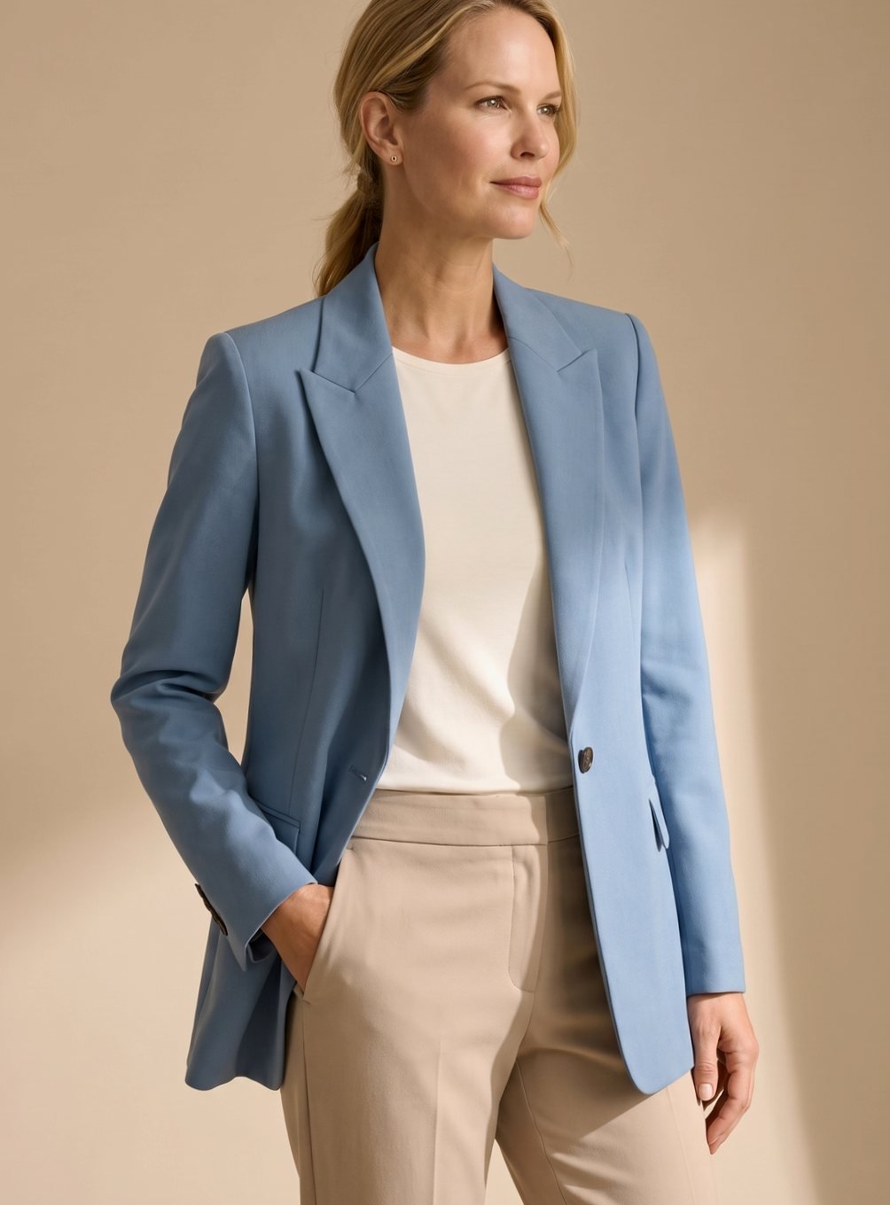 Full length view of the chic office wear two piece trouser suit